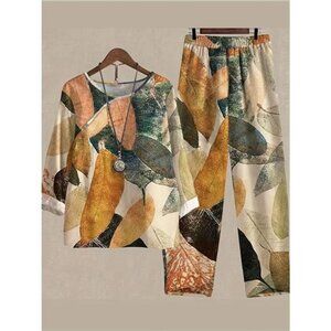 Printed Round Neck Long Sleeve Top and Pants Set